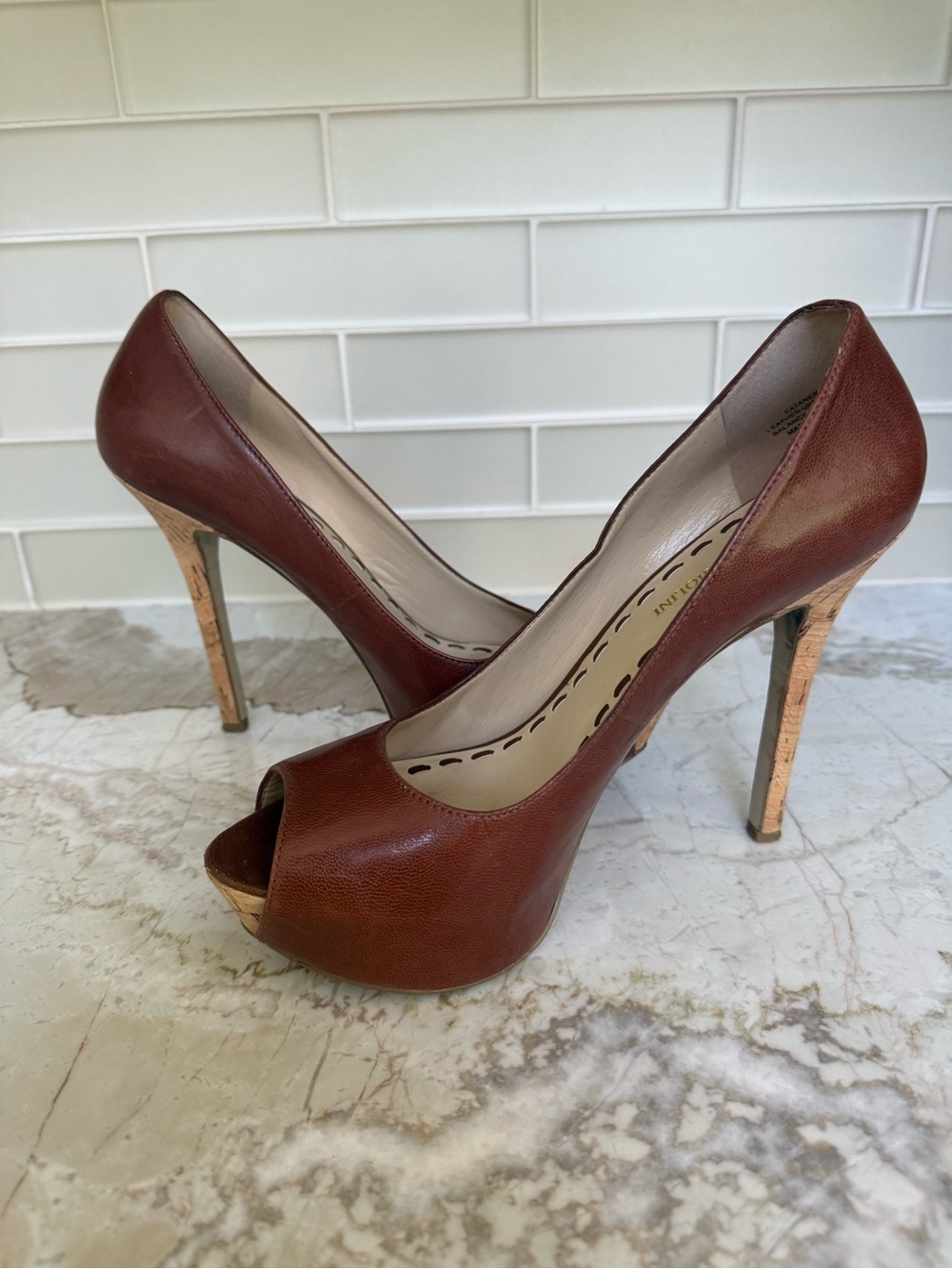 ENZO ANGIOLINI Brown Leather Peep-Toe High Heel Pumps